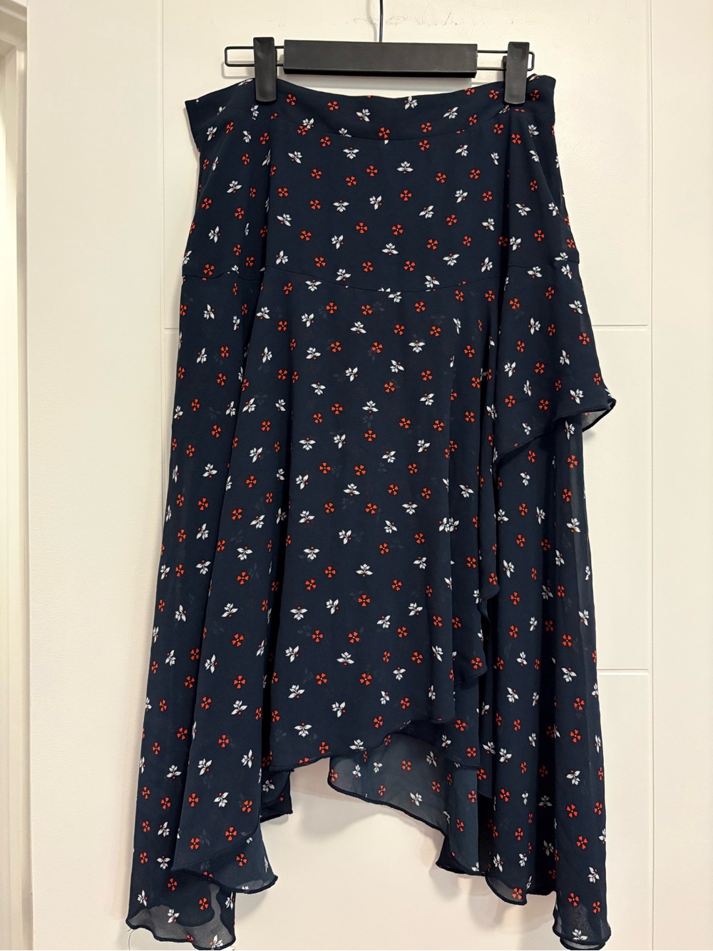 Navy Asymmetrical Floral Midi Skirt with Red and White Accents